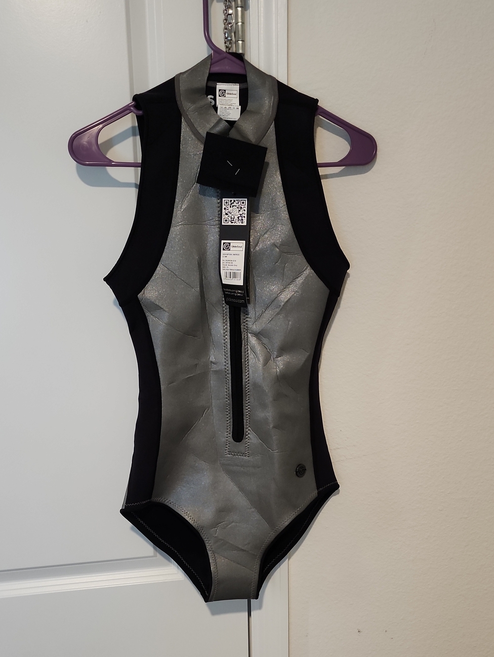 Girls Silver & Black Front-Zip One-Piece Bodysuit